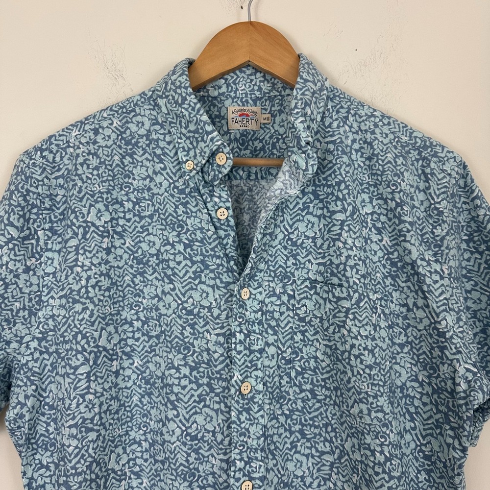 Faherty Brand Breeze Hemp Shirt Teal Waters Hilo Short Sleeve Button Down Mens M - Picture 3 of 12